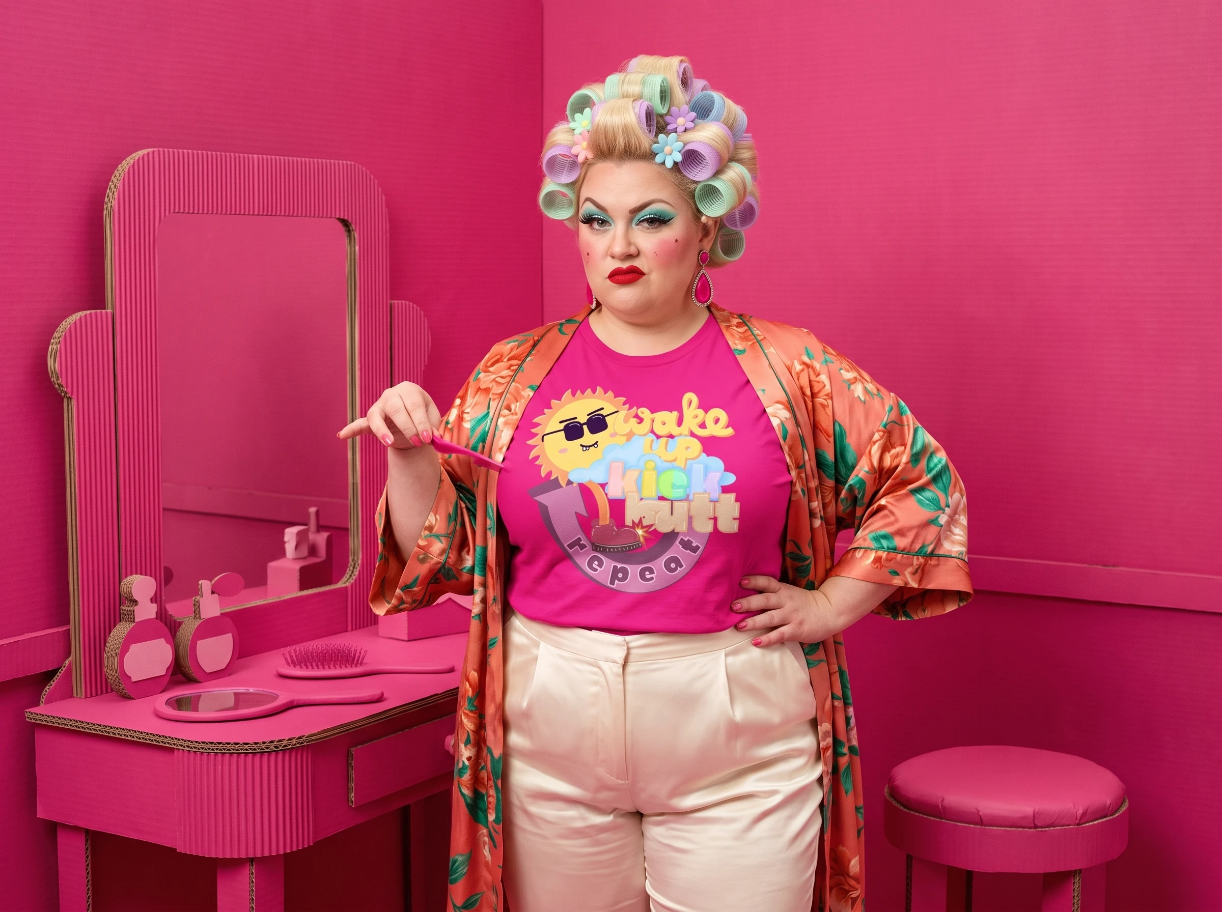 Mujer con tubos y playera rosa